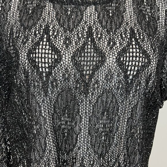 Women’s Large Black Navy Glitter Crochet Mesh Crop Top Short Sleeve Shirt - Picture 2 of 10